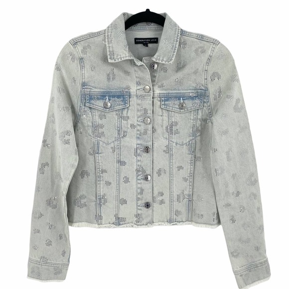 Generation Love Womens Rhinestone Sequin Jean Jacket Light Wash XS Distressed - Picture 1 of 10